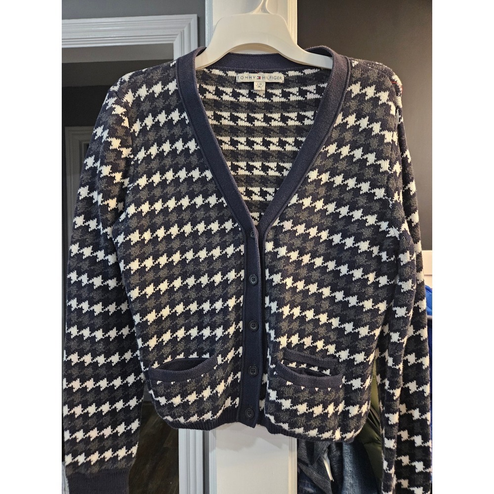 Grannycore Tommy Hilfiger Houndstooth Cardigan Sweater Womens Navy Blue Knit